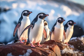 Cute group of penguins in the Antarctica. Generative AI