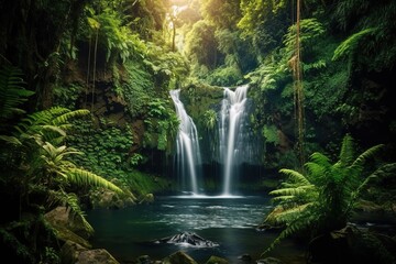 Mystic scenic view of hidden waterfall in rainforest. Generative AI