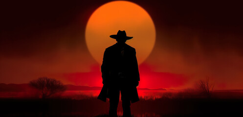 A silhouette of a cowboy standing in front of a sunset. Generative AI.