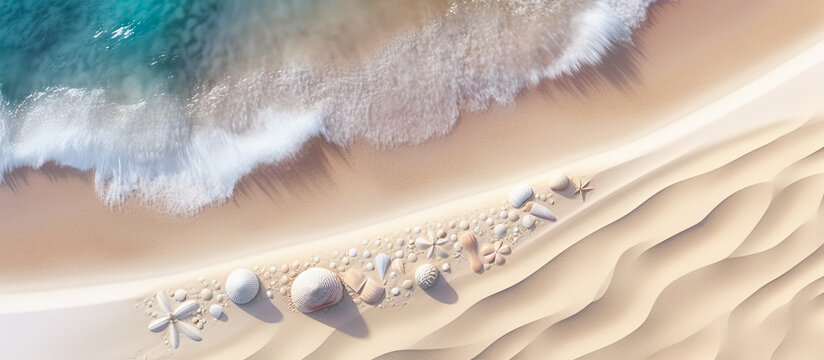 Aerial view illustration of beautiful sea and beach and shell, starfish and rock.landscape summer or holiday background.generative ai art