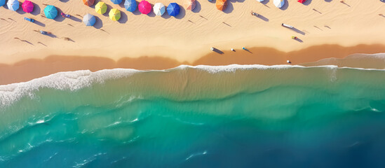 Aerial view illustration of beautiful tropical sea and beach and colorful umbrella.landscape summer or holiday background.generative ai art