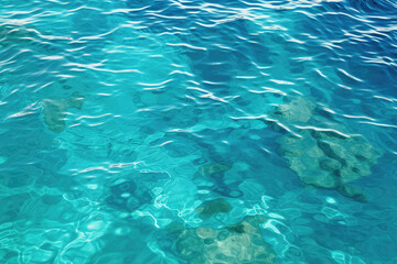 Fototapeta na wymiar View from top Texture of shiny bright blue clear water with small waves. The texture of the ocean or sea on a sunny day, backdrop for web promotion. Generative AI professional photo imitation.