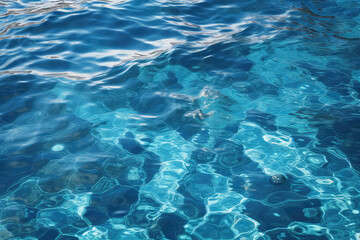 Fototapeta na wymiar Texture of shiny bright blue clear water with little waves. The texture of the ocean or sea on a sunny day, backdrop for web promotion. Generative AI professional photo imitation.