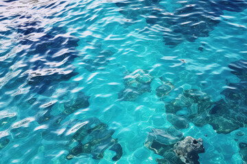 Fototapeta na wymiar Overhead view Texture of shiny bright blue clear water with small waves. The texture of the ocean or sea on a sunny day, backdrop for web promotion. Generative AI professional photo imitation.