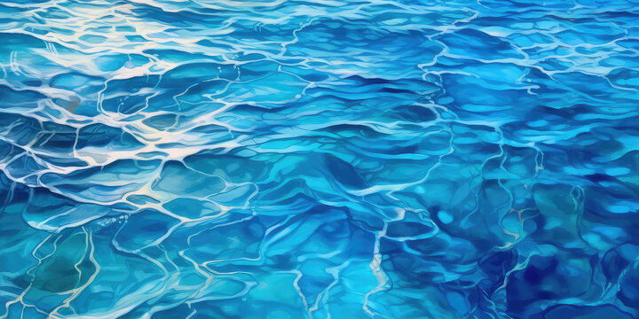 Texture of shiny bright blue clean water with small waves. The texture of the ocean or sea on a sunny day, backdrop for web promotion. Generative AI professional photo imitation.