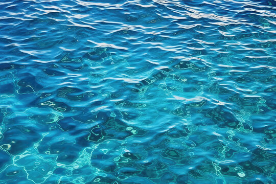 Texture of shiny bright blue clear water with small waves. The texture of the ocean or sea on a sunny day, backdrop for banner or web promotion. Generative AI professional photo imitation.