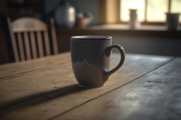 Generative AI illustration of dark grey mug of beverage placed on wooden dining table with chair in cozy room with blurred background at home