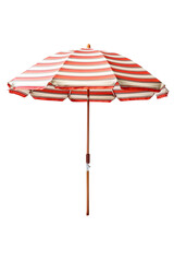 Open red striped beach umbrella isolated on white