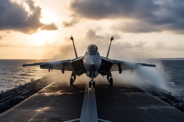 Fighter jet landing on the deck of an aircraft carrier at sea. Generative AI - obrazy, fototapety, plakaty