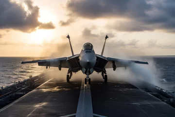 Fotobehang Fighter jet landing on the deck of an aircraft carrier at sea. Generative AI © Cloudyew