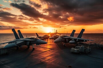 Fototapeta na wymiar Fighter jets parked on an aircraft carrier deck. Generative AI
