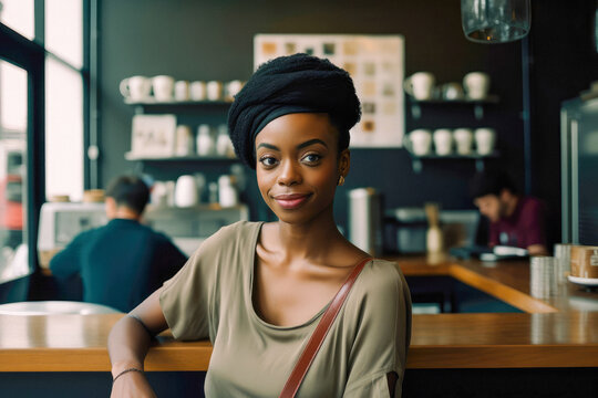 Generative AI illustration of portrait of happy black female looking at camera and smiling while resting in cafe