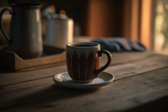 Generative AI illustration of dark brown and white mug of beverage placed on a plate on wooden dining table with blurred background at home