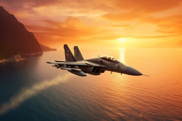 Fototapeta na wymiar Fighter jet soaring over the sea during sunset. Generative AI