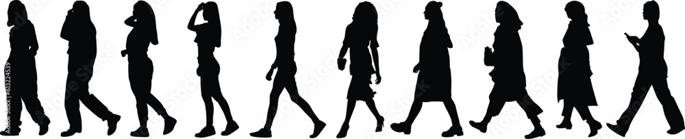 Wall mural set of ten women's walking full size silhouette design. vector-eps10.