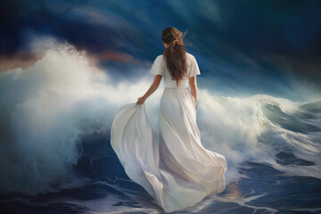 woman in white dress on the beach. sketch art for artist creativity and inspiration. generative AI	