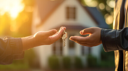 Real estate agent giving keys to new owner in front of the new house.Created with Generative AI technology.