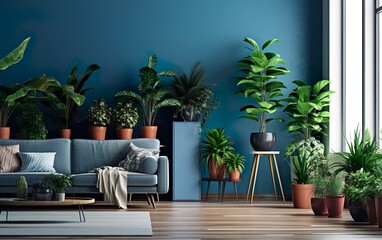 Living room interior with potted plants, blue wall and blue chair. Indoor potted plants decoration. Generative AI.