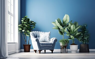 Living room interior with potted plants, blue wall and blue armchair. Indoor potted plants decoration. Generative AI.