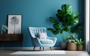 Living room interior with potted plants, blue wall and blue armchair. Indoor potted plants decoration. Generative AI.