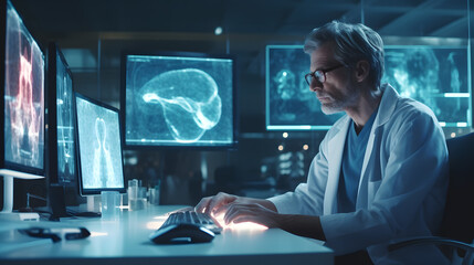 Obraz premium Doctor reading mri brain scan on screen.Created with Generative AI technology.
