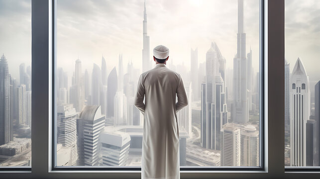 Arab businessman in traditional clothing stands in his office against a backdrop of skyscrapers. Back view.Created with Generative AI technology.