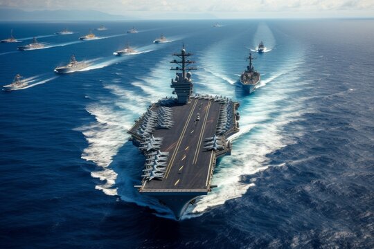 Fleet of navy ships sailing in the blue ocean waters. Generative AI