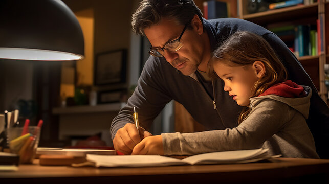 Middle Aged Father Doing Homework With His Daughter.Created With Generative AI Technology.