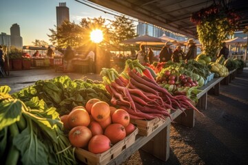 Colorful variety of fresh vegetables arranged on a table. Urban agricultural concept. Generative AI