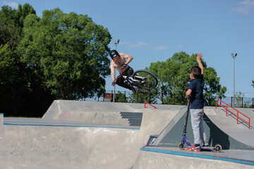 BMX racer in a skate park in Moscow, Russia.