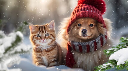 dog and cat, kitty and puppy in red scarf on snowy winter forest at  Christmas holiday greetings card,generated ai - 613225159
