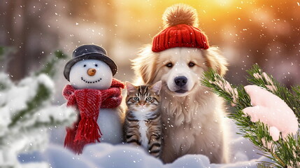 dog and cat, kitty and puppy in red scarf on snowy winter forest at  Christmas holiday greetings card,generated ai