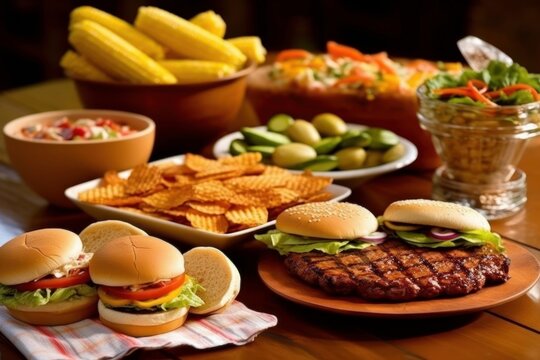 Delicious and inviting spread of food on a rustic wooden table. Generative AI