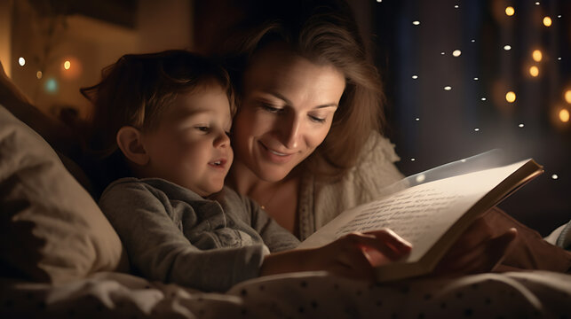 Young mother reading a book to her son in bed before going to sleep.Created with Generative AI technology.