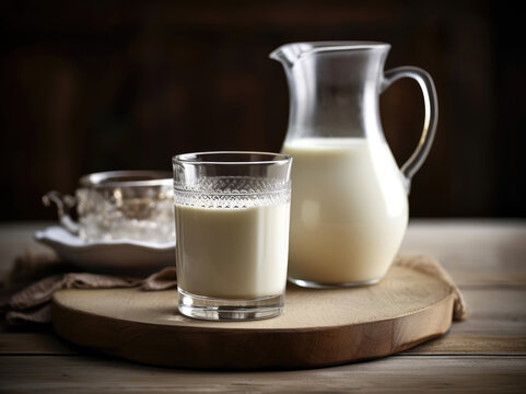 Fresh cow's milk in a glass and a jug on a wooden table