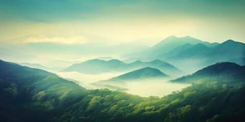 Fototapeta premium Abstract landscape of rain forest or evergreen forest with mountain layer in mist.beautiful nature background. ecology and environment.generative ai art