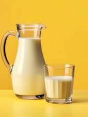 Fresh cow's milk in a glass and a jug on color background