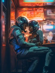 Fototapeta na wymiar A Man and Woman in Clunky Retro Spacesuits Sitting in a Bar