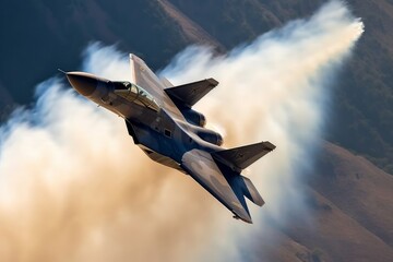 Fighter jet soaring through a dramatic cloud of smoke. Generative AI