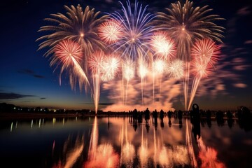 People enjoying a fireworks display over a serene lake. Generative AI