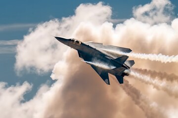 Fighter jet soaring through a vibrant blue sky filled with fluffy white clouds. Generative AI