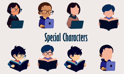 Set of Characters Engaged in Laptop Play and Book Reading. Playing on a laptop.  