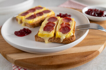 Melted brie or camembert with spanish salami on toast with cranberry sauce