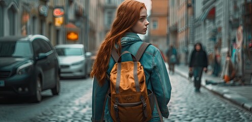 Back to school, Back of college student with backpack while going to university by walking from street, teenager in campus, education background, banner concept. Created with Generative AI technology.