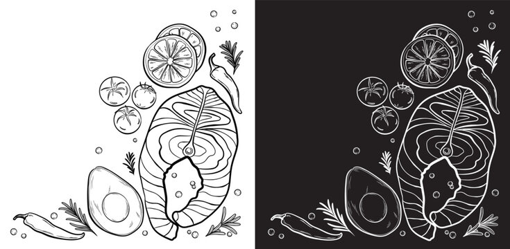 Healthy food hand drawn vector illustration. Drawing in black and white isolated 