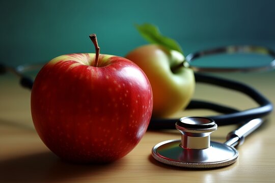 Apple and a stethoscope on a wooden table, symbolizing healthcare and healthy eating. Generative AI
