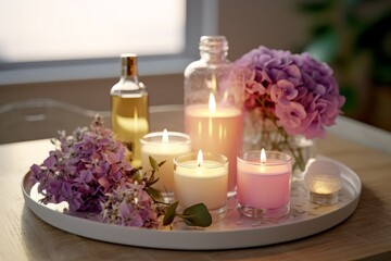 Obraz na płótnie Canvas Decorative tray with scented candles and fresh flowers. Generative AI