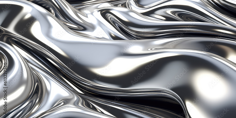 Fototapete Close up texture of liquid shiny metal in silver gray color with highlights and shimmers. Liquid metallic texture, backdrop for web promotion. Generative AI 3d rendering illustration imitation.