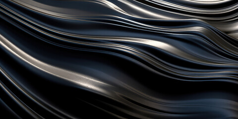 Close-up texture of liquid shiny metal in silver black color with highlights and shimmers. Liquid metallic texture, backdrop for web promotion. Generative AI 3d render illustration imitation.