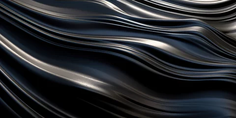 Zelfklevend Fotobehang Close-up texture of liquid shiny metal in silver black color with highlights and shimmers. Liquid metallic texture, backdrop for web promotion. Generative AI 3d render illustration imitation. © SnowElf